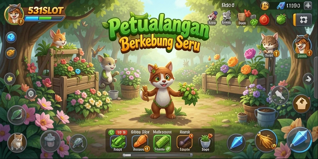 Tampilan gameplay seru dalam 531SLOT dengan kebun penuh tanaman.
