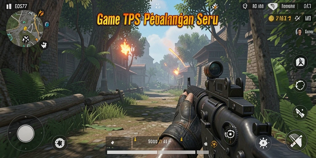 Screenshot gameplay EOS77 menampilkan aksi seru dalam pertempuran TPS.