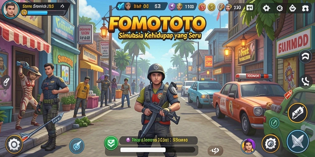 Screenshot gameplay <strong>FOMOTOTO</strong> yang menampilkan interaksi karakter.