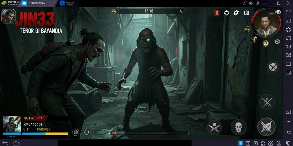 Tampilan gameplay menegangkan dari JIN33 dengan suasana horor yang kental.