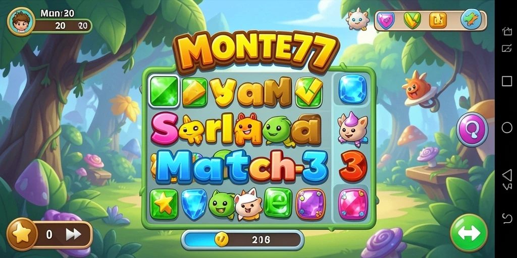 Tangkapan layar gameplay <strong>MONTE77</strong> menampilkan keseruan mencocokkan permata berwarna.